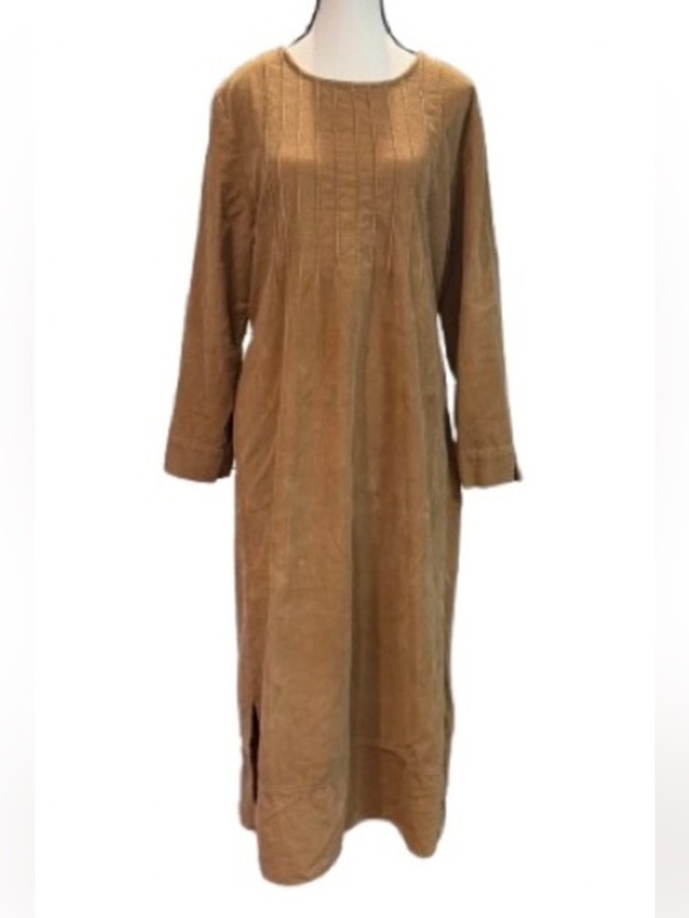 Victoria Holley Tan Corduroy Midi Dress Pintuck Tie Back Lagenlook Size 12